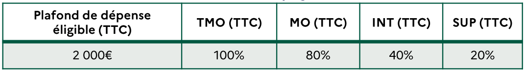 Aides sur Mon Accompagnateur Rénov' - MAR
100 % TTC pour les TMO, 80 % TTC pour les MO, 40 % TTC pour les INT,
20 % TTC pour les SUP, calculé sur un montant maximum de 2 000 €
